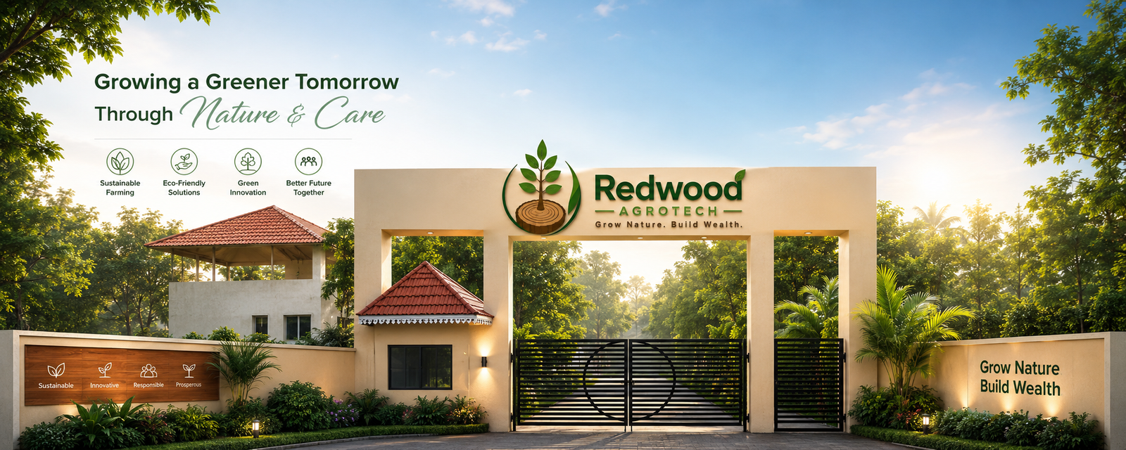Redwood Agrotech premium entrance with green farm landscape